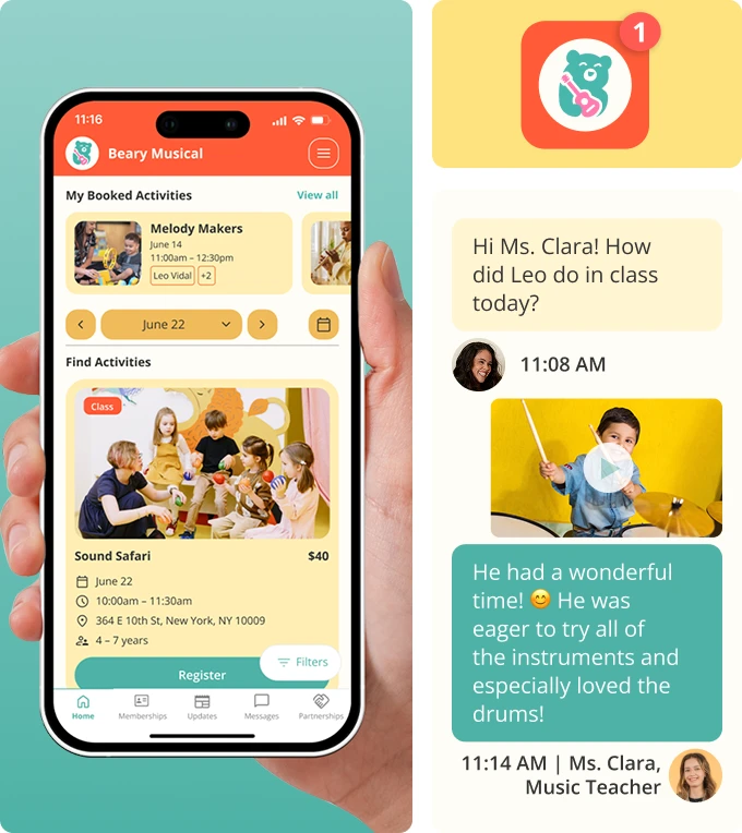 Custom branded app screen, message exchange, and brand elements for a music activity provider