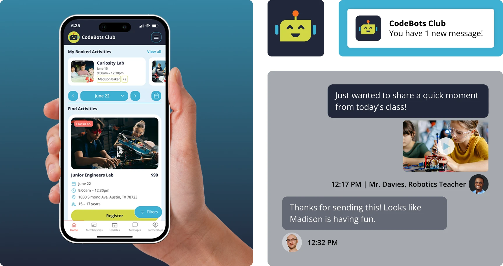 Custom branded app screen, message exchange, and brand elements for a robotics STEM activity provider