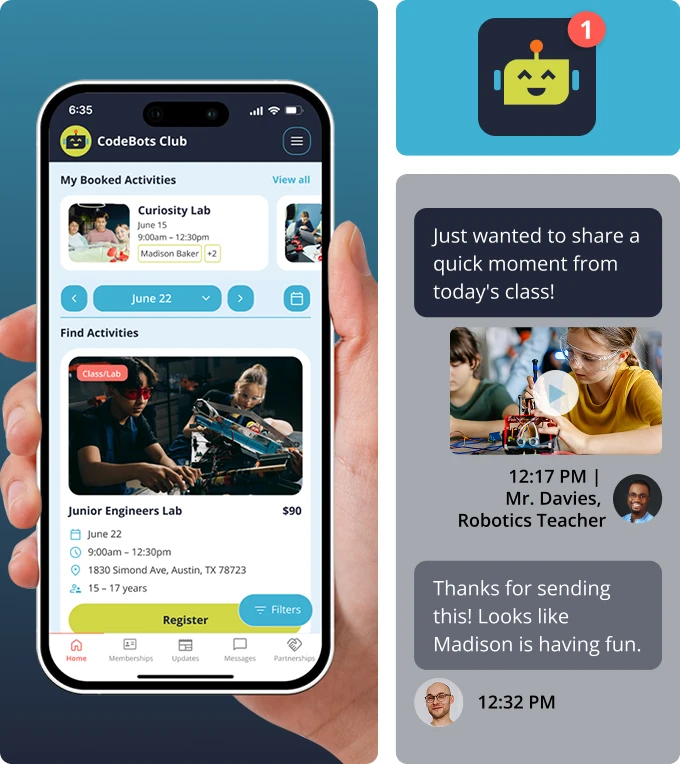 Custom branded app screen, message exchange, and brand elements for a robotics STEM activity provider