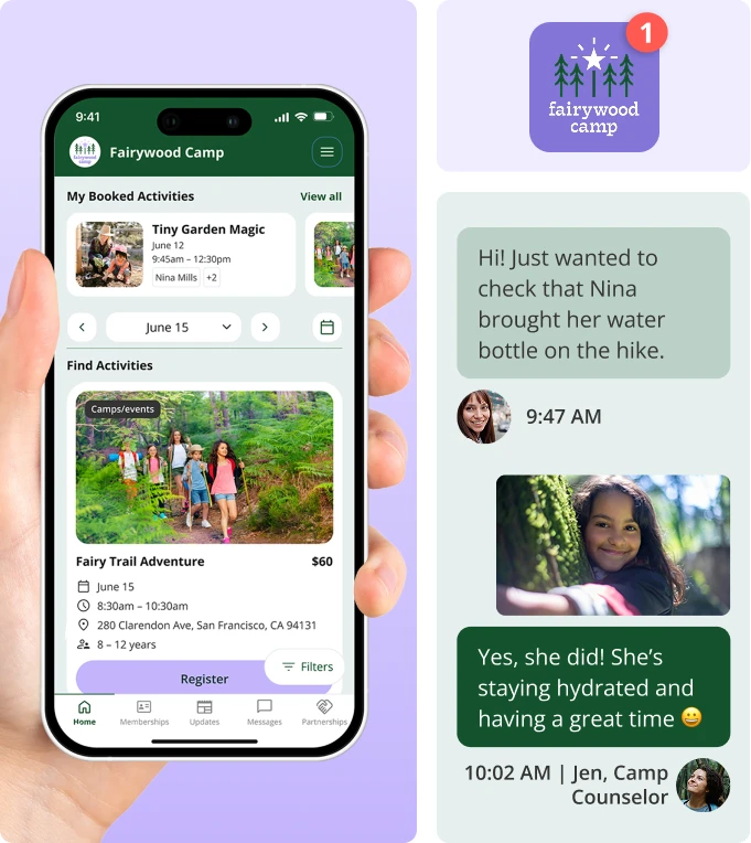 Custom branded app screen, message exchange, and brand elements for a camp activity provider