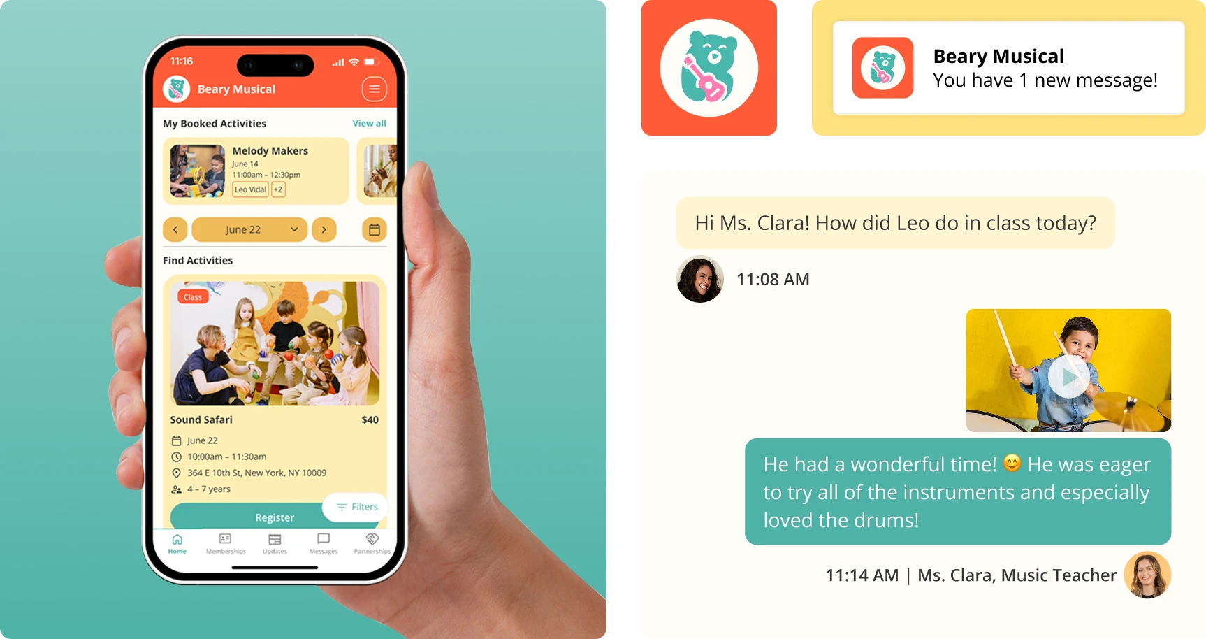 Custom branded app screen, message exchange, and brand elements for a music activity provider