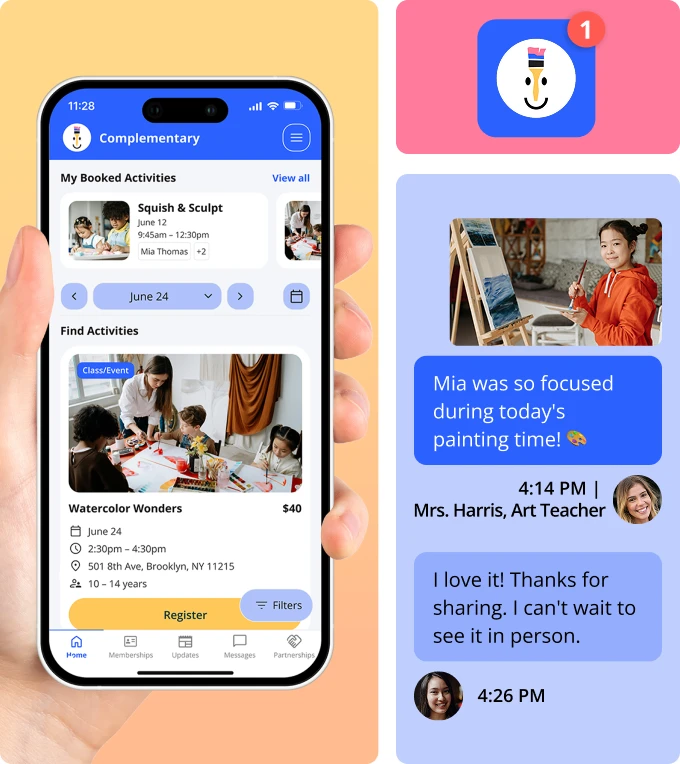 Custom branded app screen, message exchange, and brand elements for an art activity provider