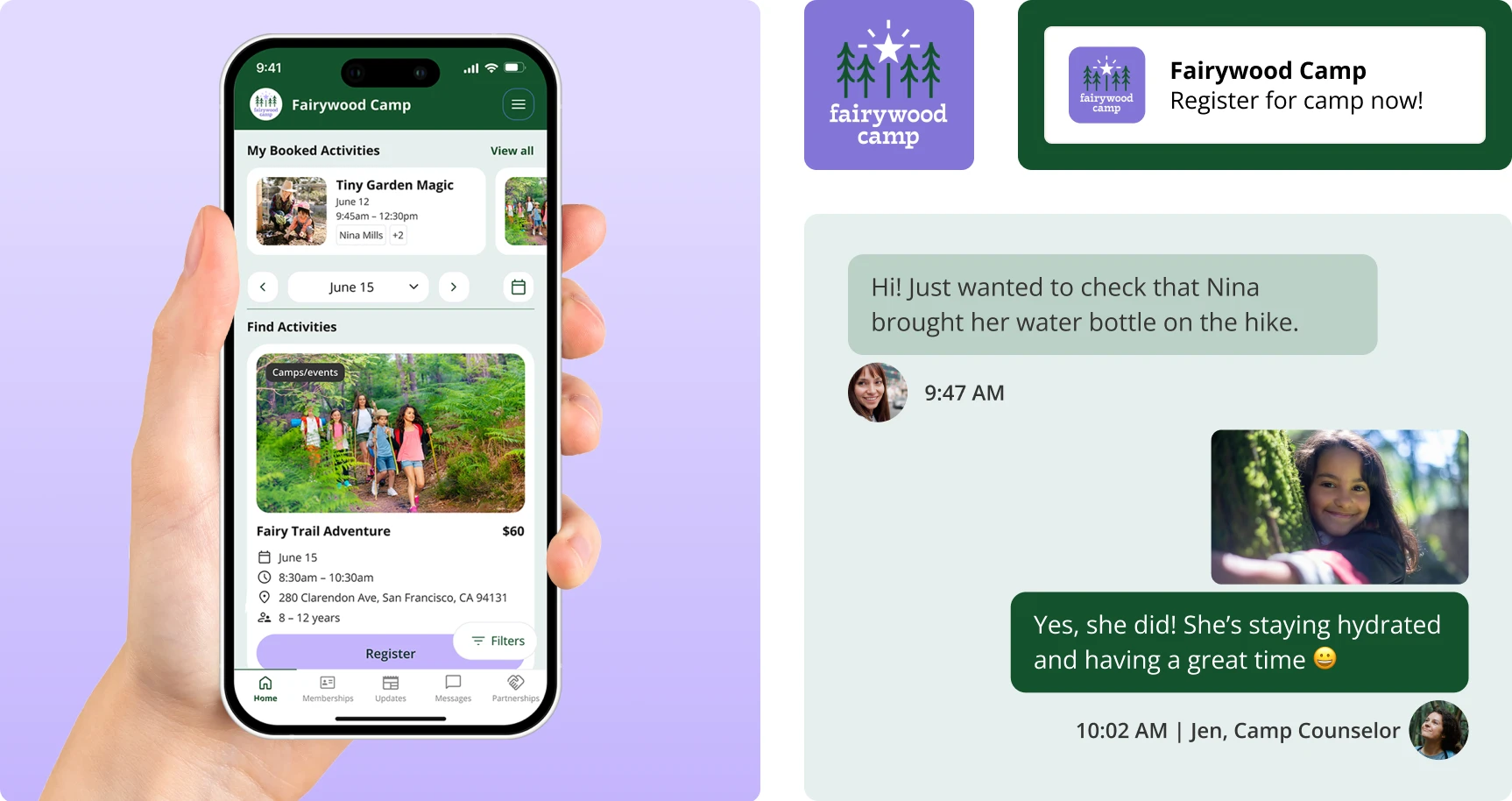 Custom branded app screen, message exchange, and brand elements for a camp activity provider