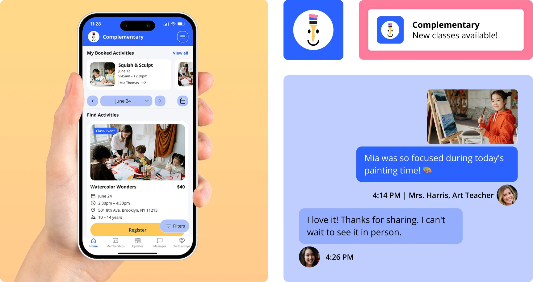 Custom branded app screen, message exchange, and brand elements for an art activity provider