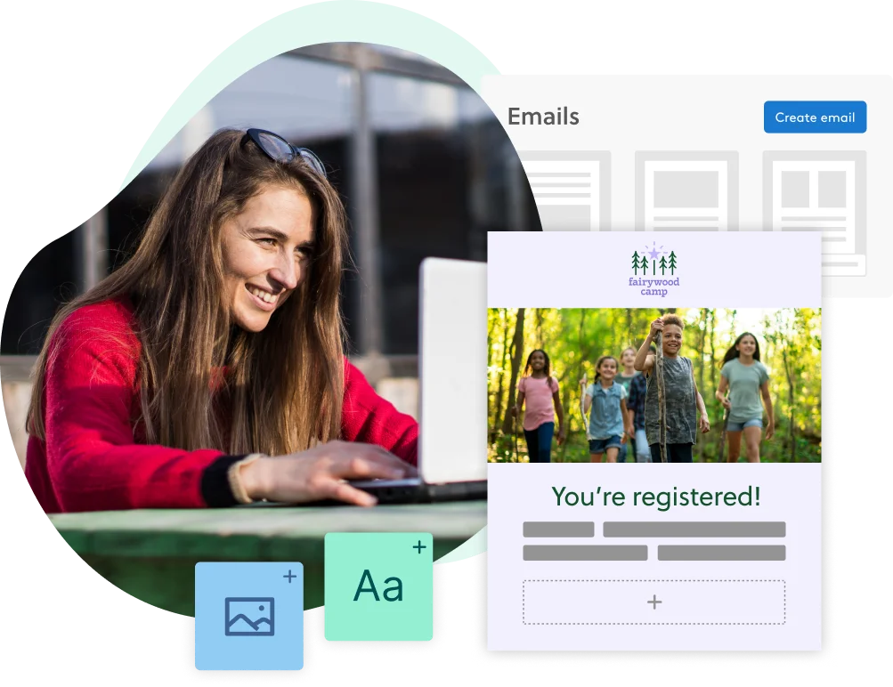 Camp director sitting at laptop with email builder screens showing