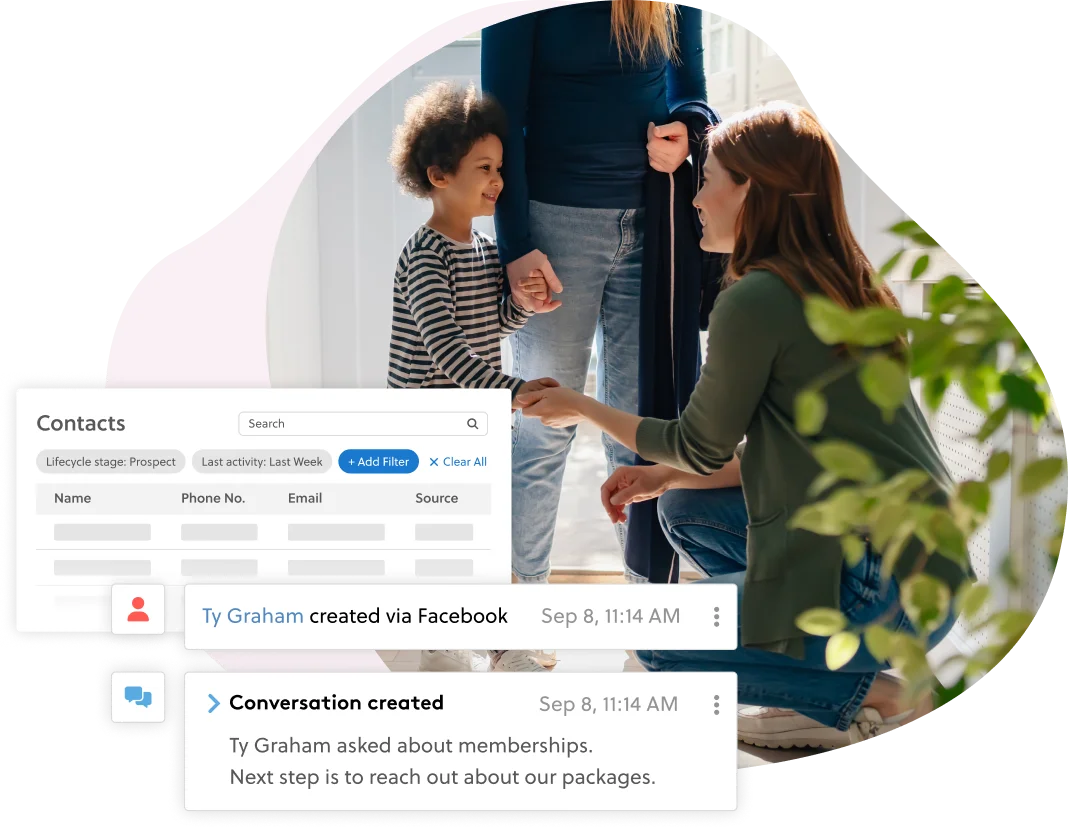Educator greeting a student with CRM activity feed and contact list showing