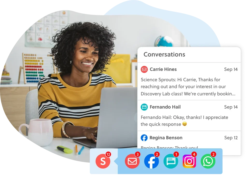 Educator on a laptop, showing one inbox with multiple conversations with parents from different apps