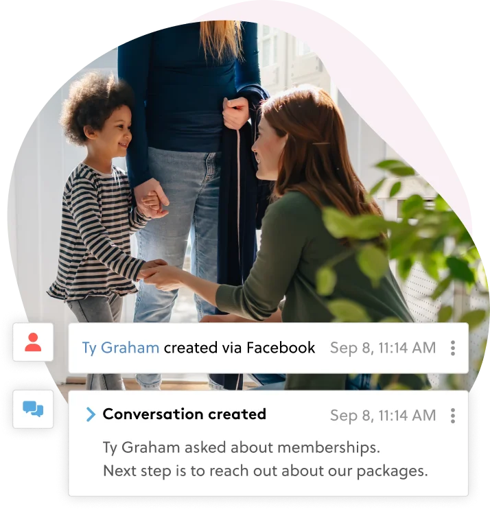 Provider greeting a student with CRM activity feed showing