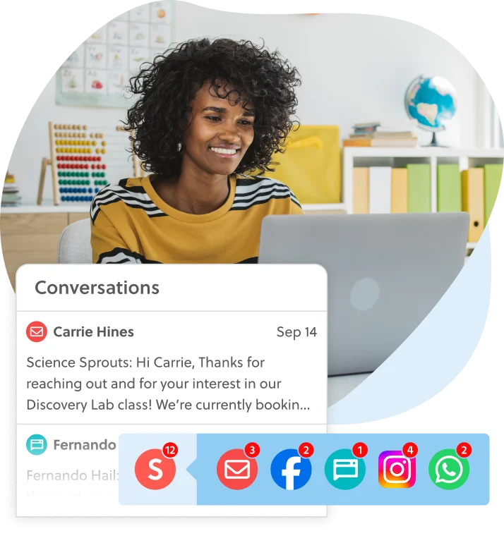 Educator on a laptop with a unified inbox showing all conversations in one place