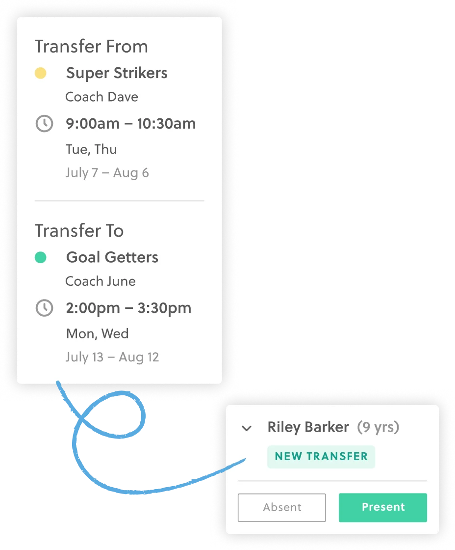 UI showing a player transferring from one soccer team to another