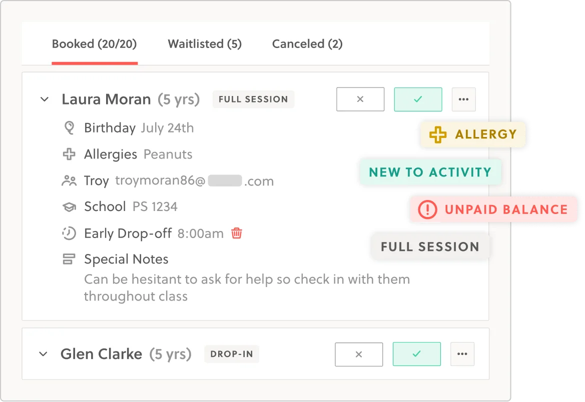 Roster screen showing student details and specialty labels