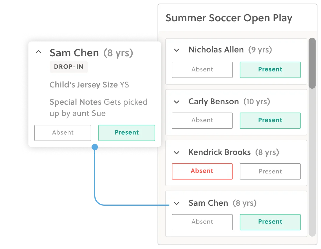 Roster showing different check in options for students and detailed notes