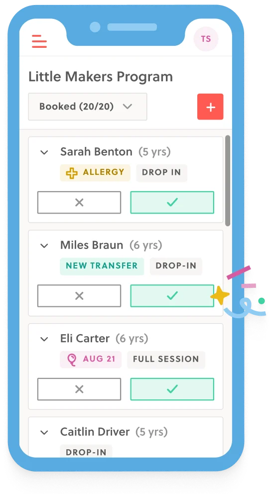 Mobile phone illustration with class roster showing