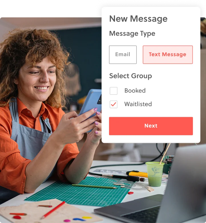 Provider looking at smartphone with New Message UI showing to send communications to families