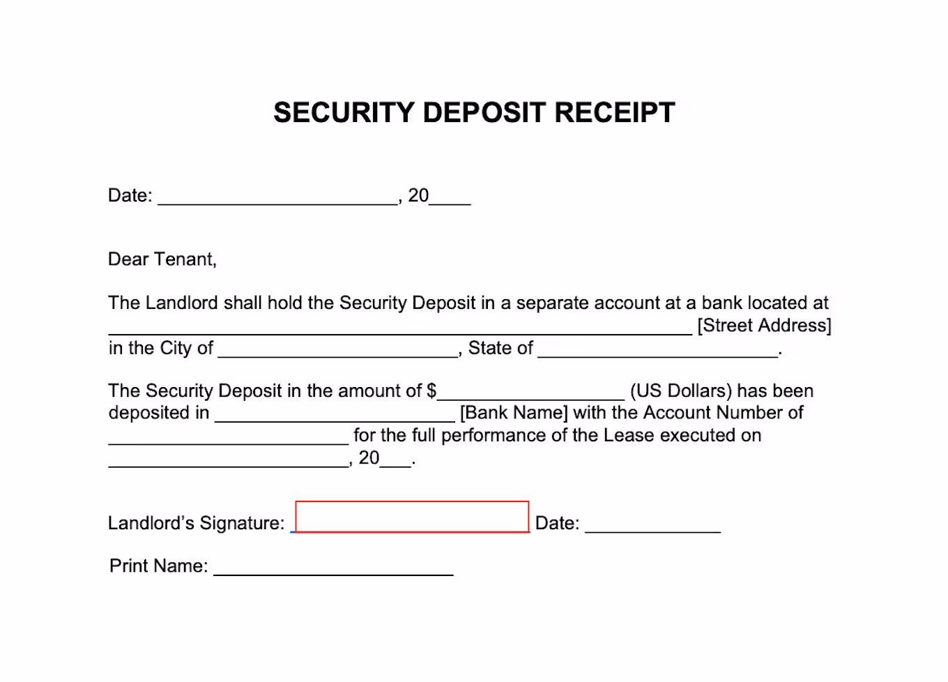 Security deposit receipt