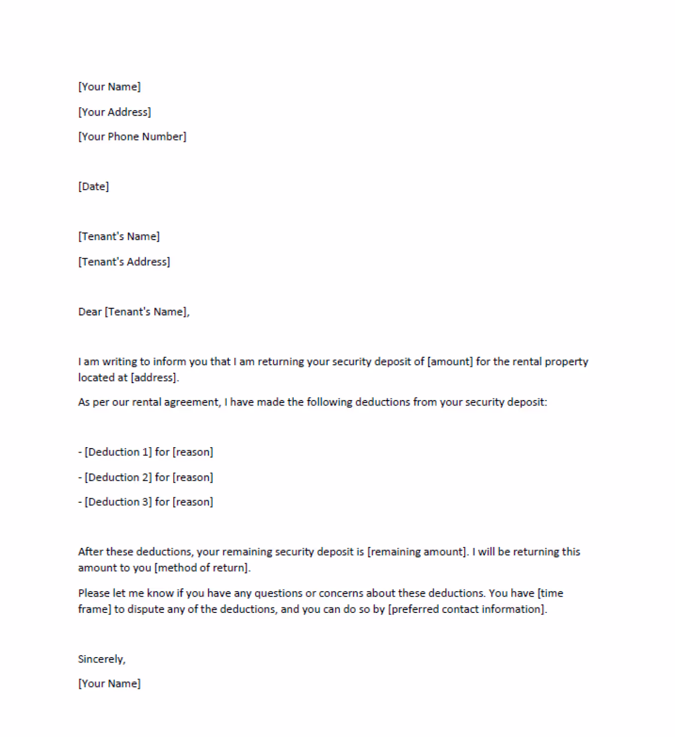 full security deposit return letter template