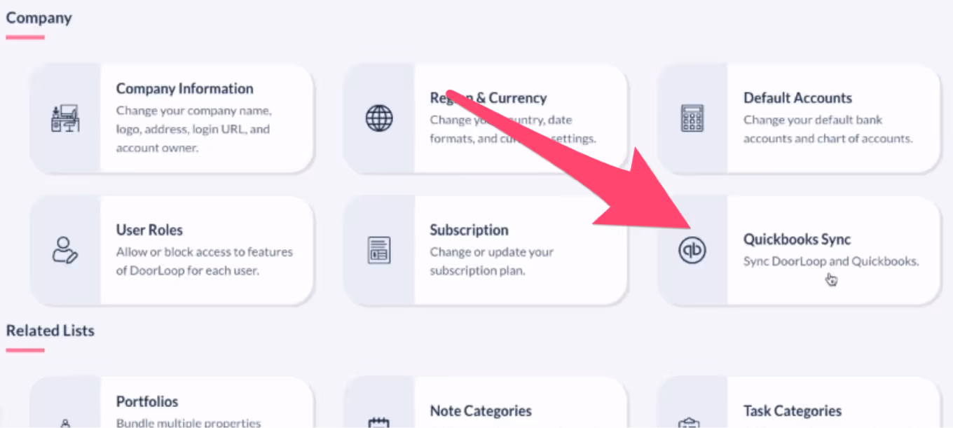 Quickbooks Integration Step 2: Locate Quickbooks Sync under Company section