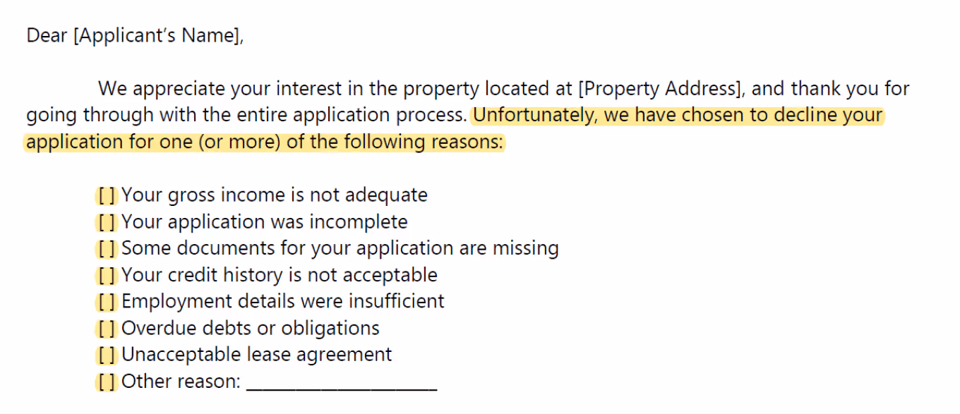 DoorLoop Rental Application Denial Letter Reason