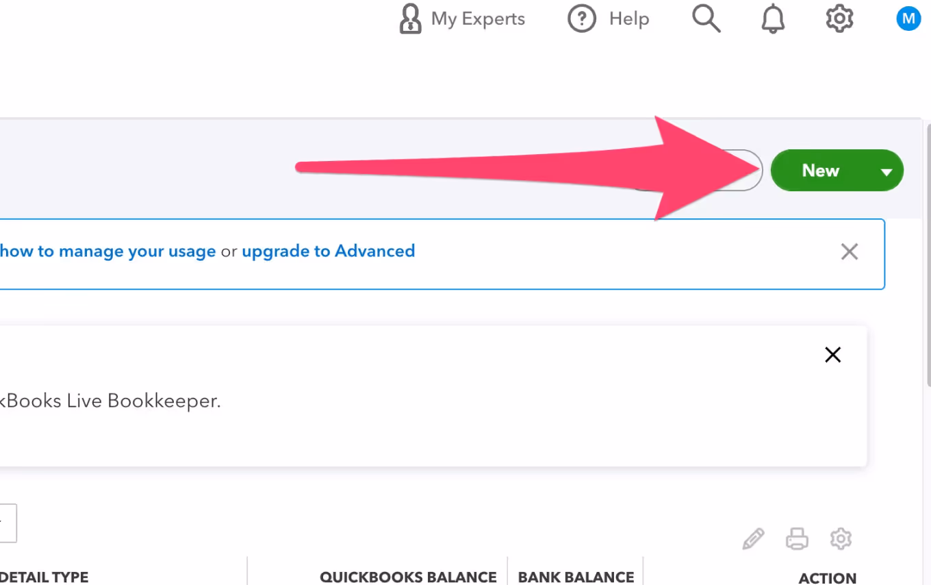 QuickBooks New Account