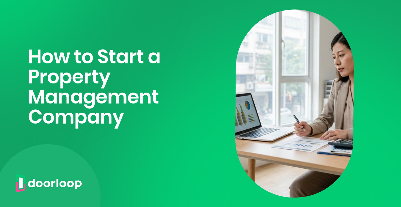 Woman working at desk reviewing property management business charts and data on laptop and paper documents