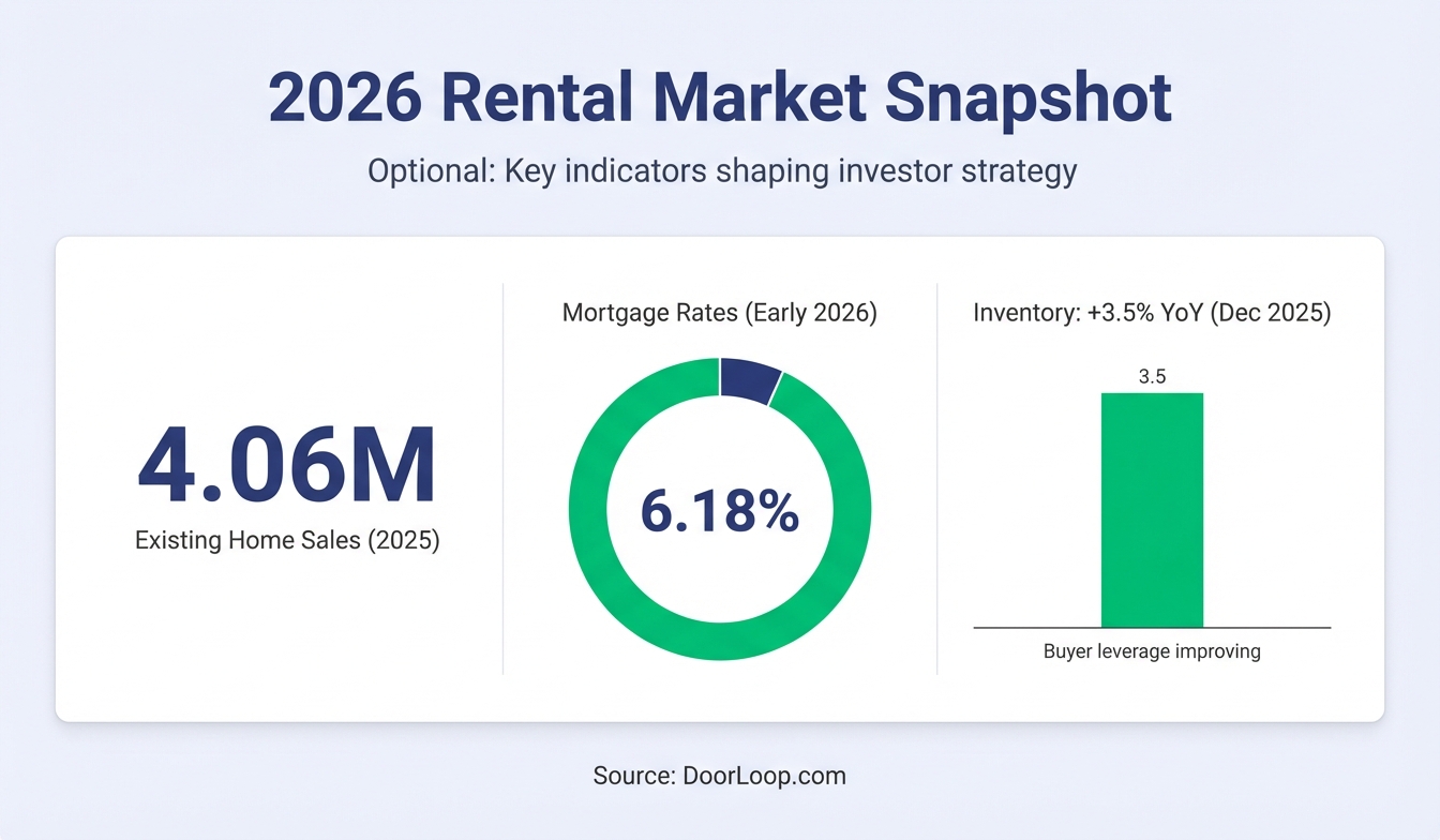 2026 Rental Market Snapshot infographic showing home sales, mortgage rates, and inventory trends