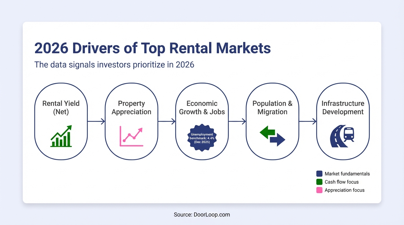 Infographic displaying the 2026 drivers of top rental markets including yield, jobs, and infrastructure