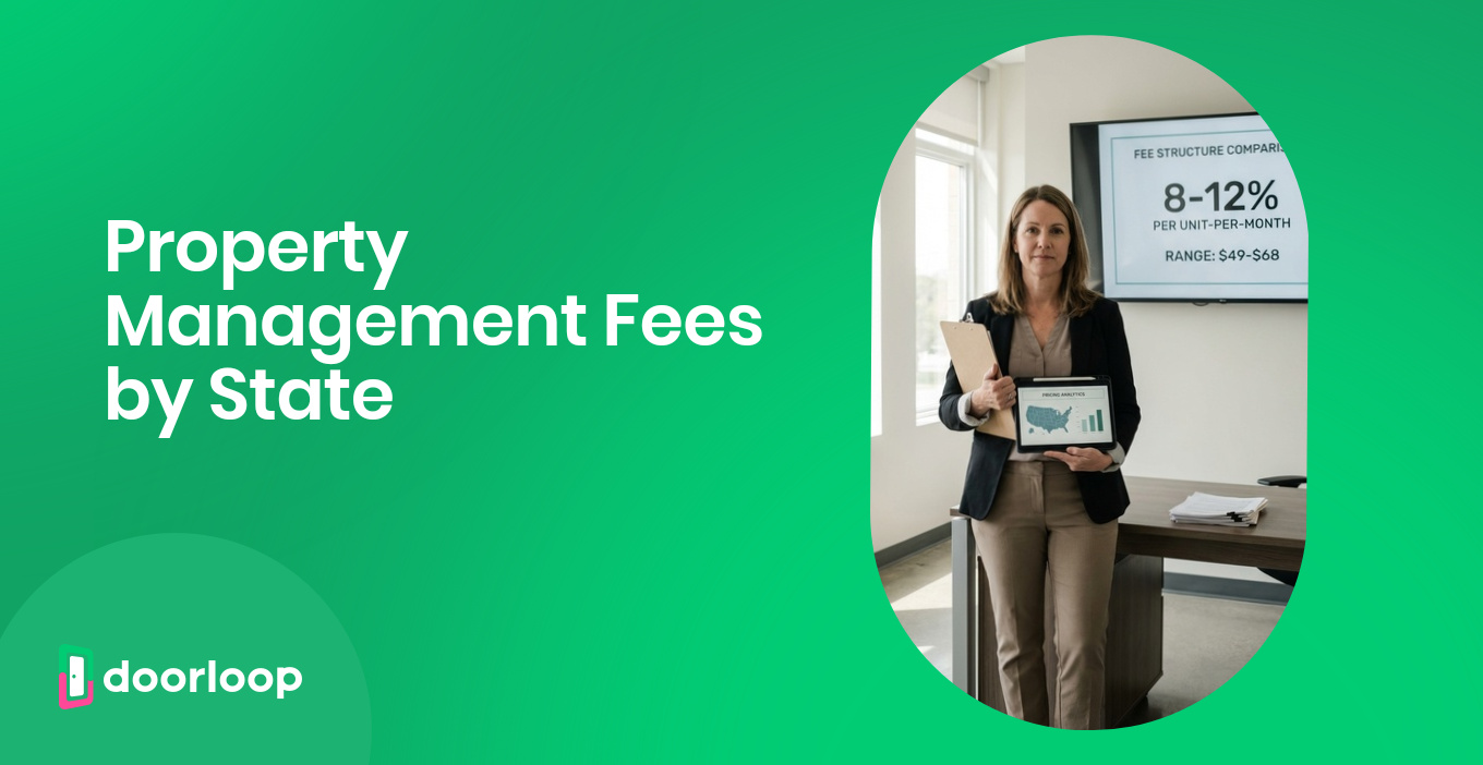 Property manager presenting fee structure comparison showing 8-12% per unit per month with range of $49-$68 displayed on screen behind her