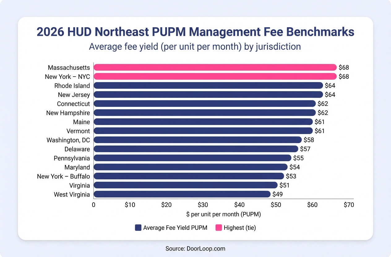 2026 HUD Northeast PUPM Management Fee Benchmarks chart showing average fee yield per unit per month by jurisdiction