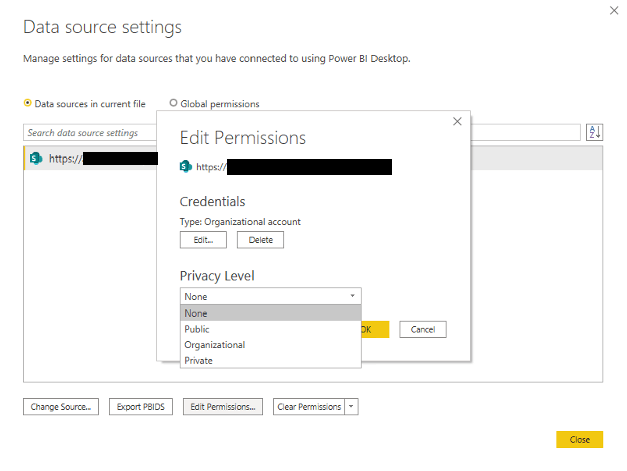 date source permission settings in power bi