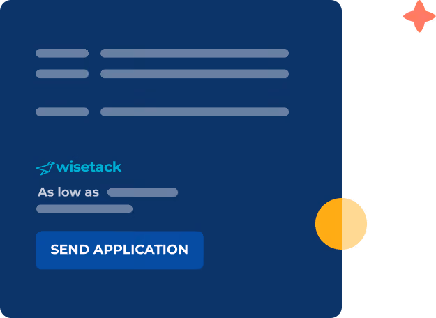 An illustration of a an invoice that reads "as low as" and shows a Send Application button.