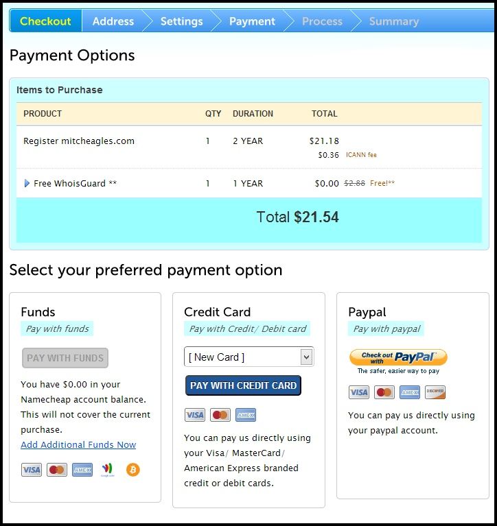 The final checkout step on Namecheap