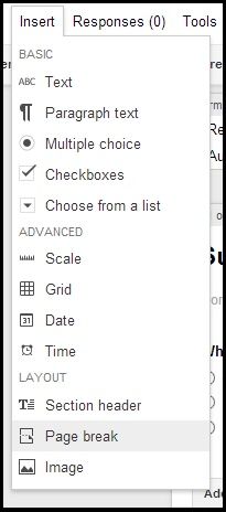 Google Forms insert menu