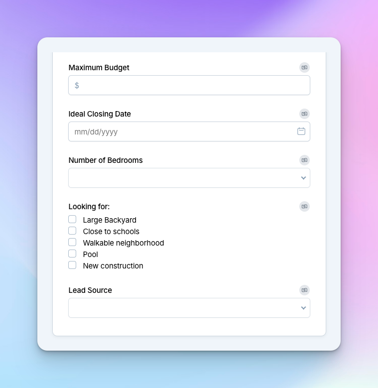 maximum budget, ideal closing date, number of bedrooms, and "looking for" form fields