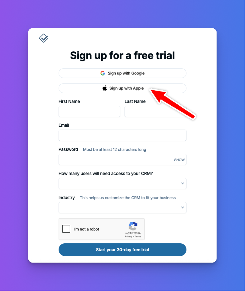 Sign up for LACRM via Apple