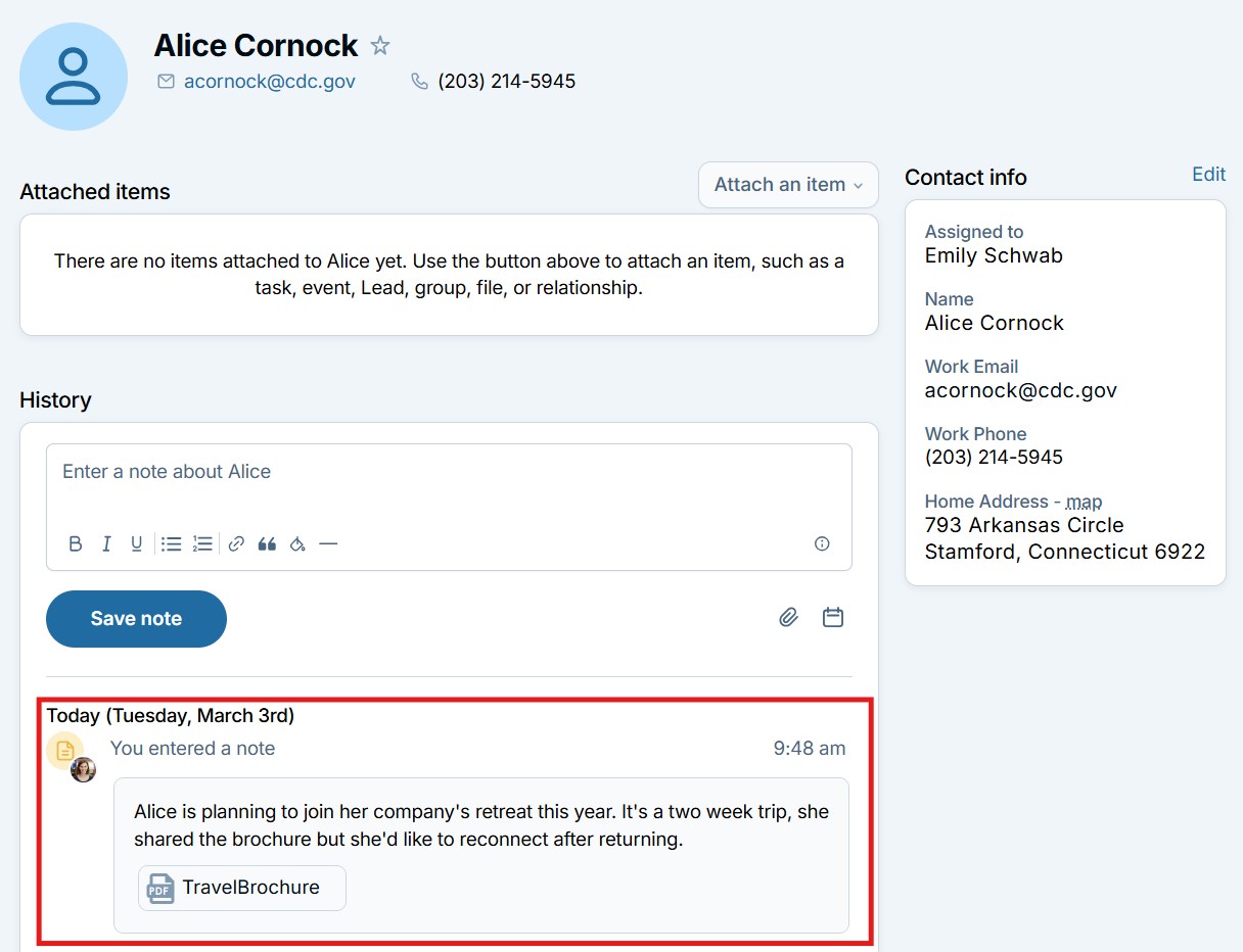 Image of a contact profile with a file saved with a note that appears in the "History" section in the middle of the page.