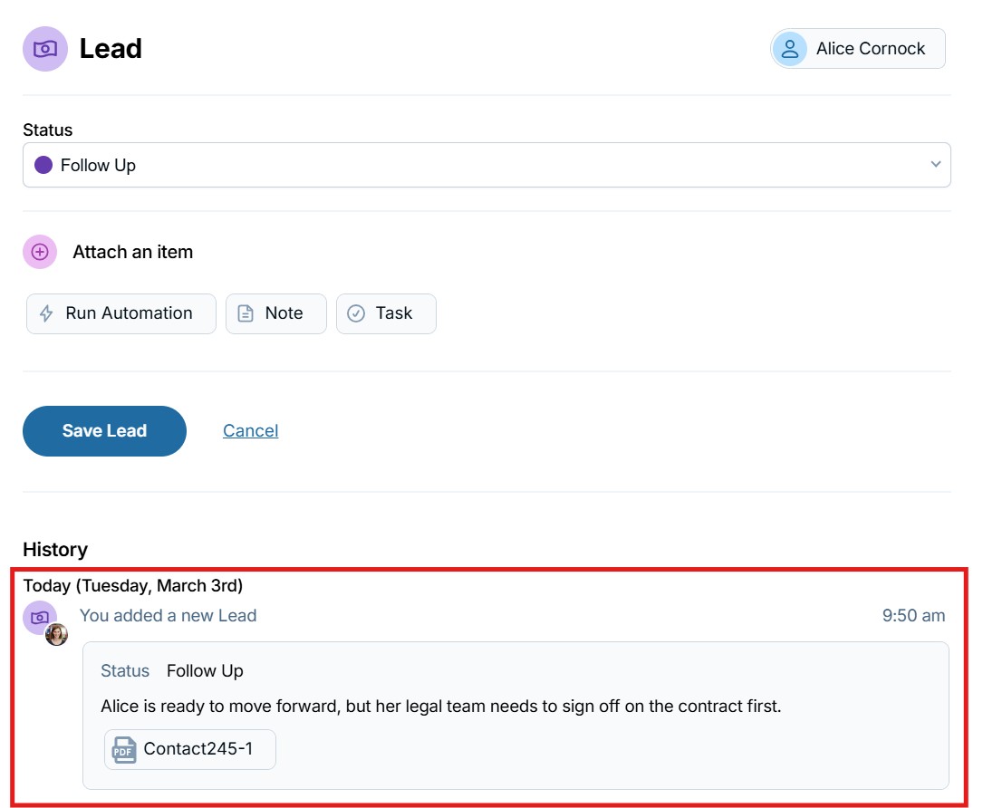Image of a Lead dialog showing a pipeline note with a file attached under the "History" section. 