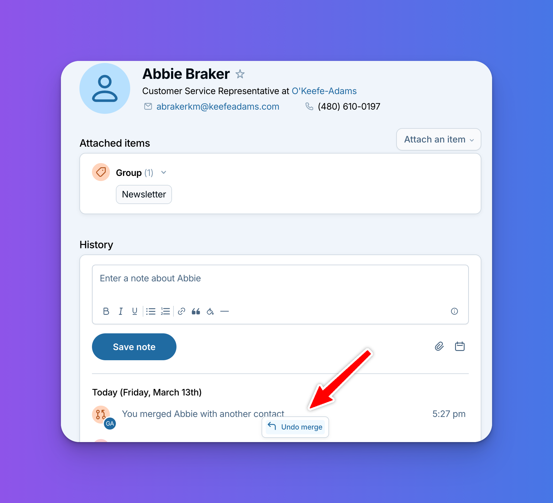 a contact record in LACRM with the undo merge button highlighted