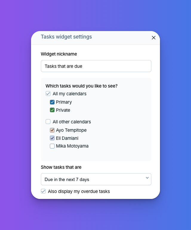 task widget settings