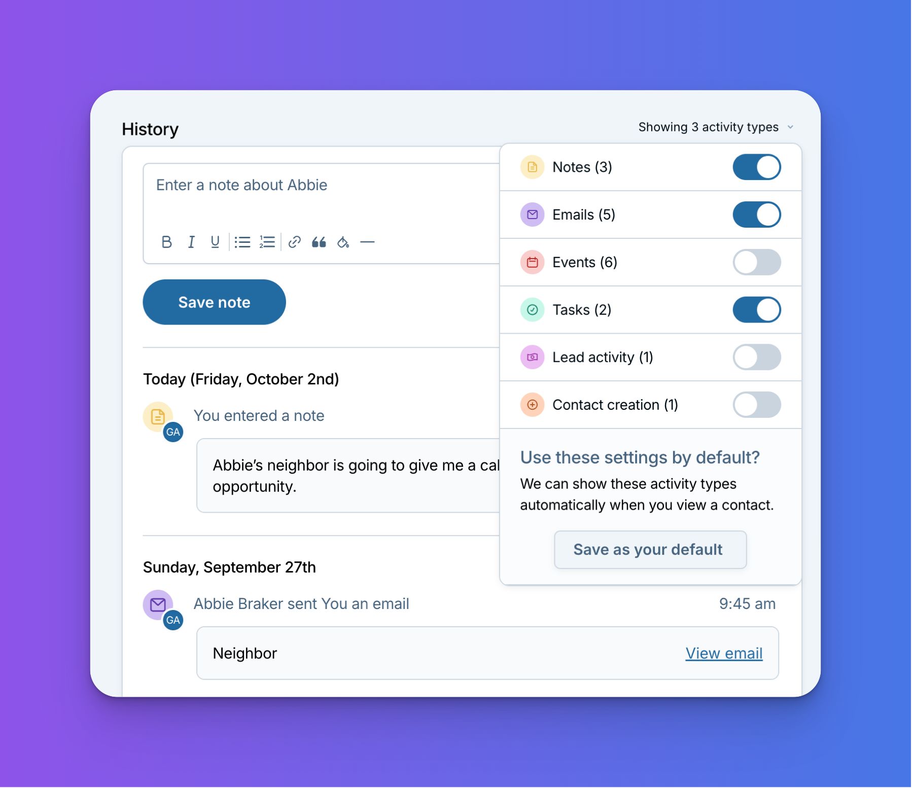 The History section of a contact record in Less Annoying CRM with the All activity menu open, showing on and off switches for each activity type