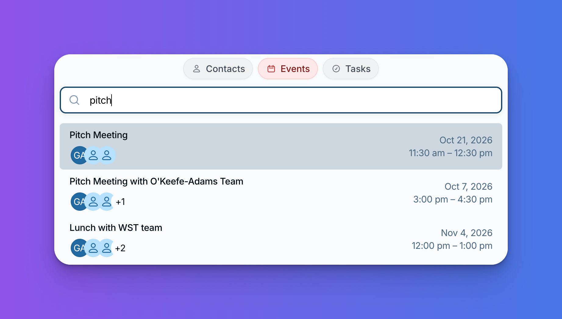 The Less Annoying CRM search window on the Events tab, showing three results for the word "pitch" with each event's date and time.