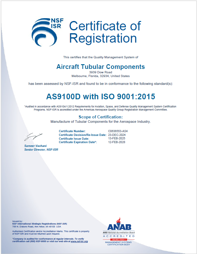 Intertek AS9100D ISO 9001 2015 Certificate - Expires 02/12/2022