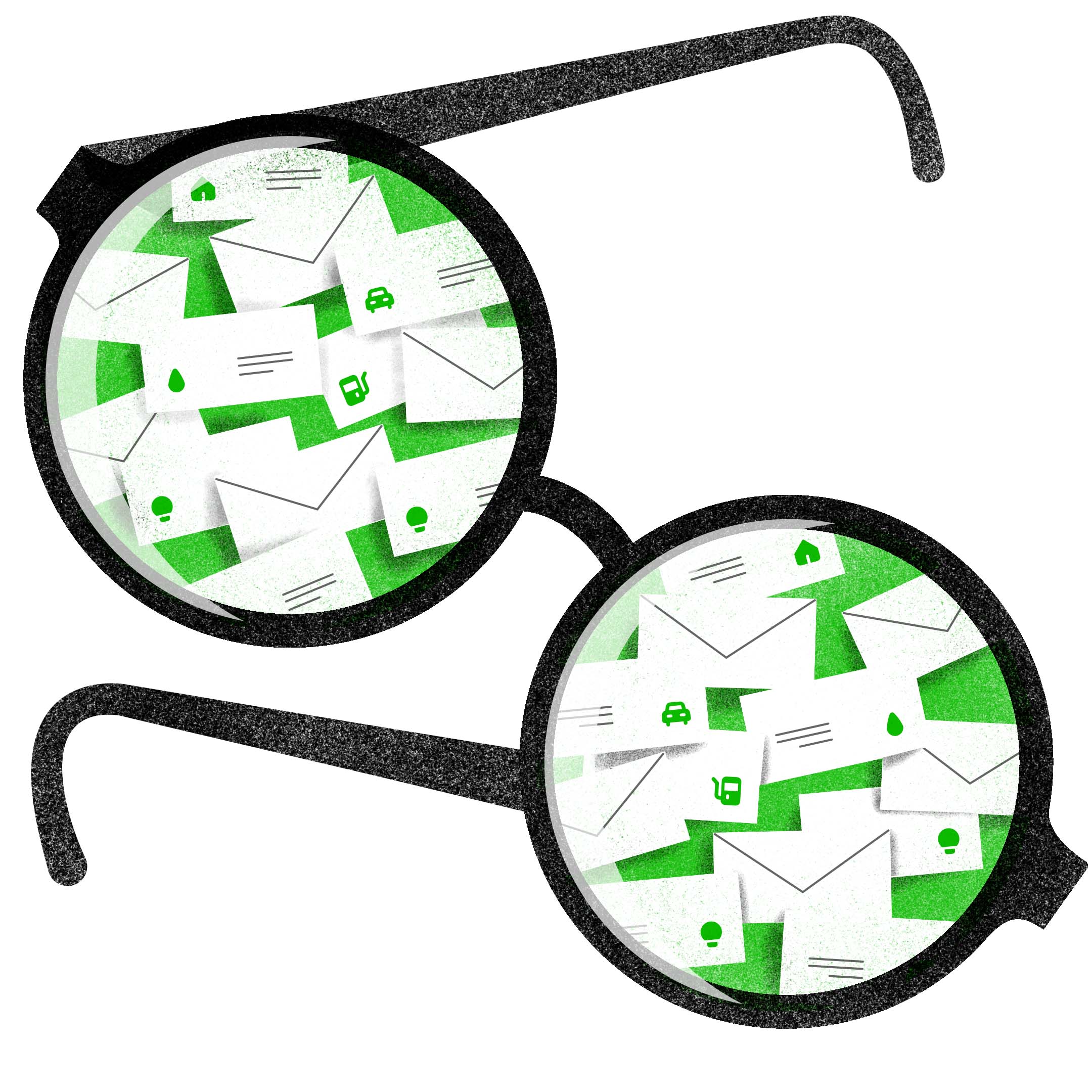 Óculos numa posição pouco ortodoxa, refletindo nas suas lentes várias cartas de contas por pagar.