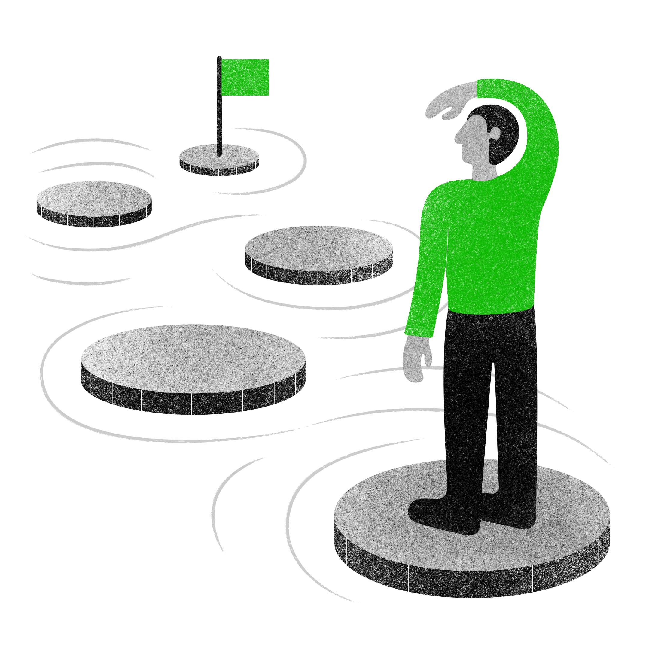 Um homem em cima da primeira de várias moedas que flutuam na água, olhando para o horizonte, onde está uma bandeira na última dessas moedas.