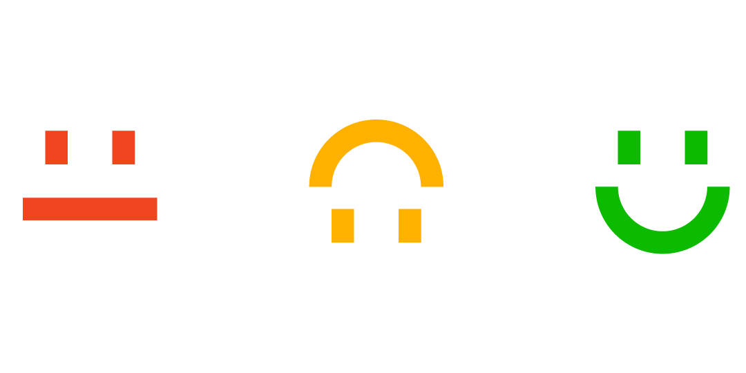Três ícones representando uma cara vermelha triste, uma cara amarela com um sorriso invertido e outra cara verde com um sorriso.