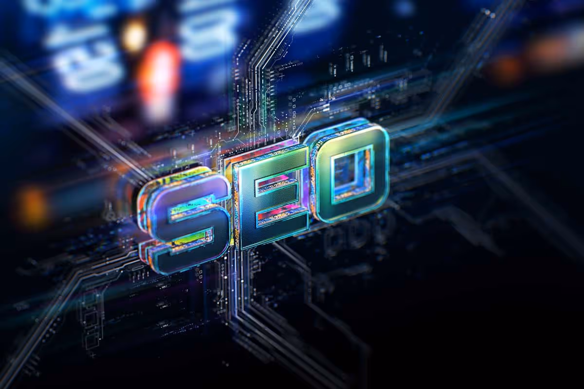 Konzeptbild für SEO mit futuristischem Hintergrund, das digitale Verbindungen und Datenübertragungen mit unscharfen Leuchteffekten darstellt.