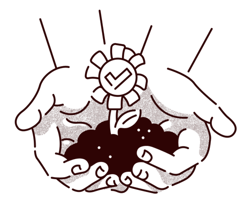 Illustration of two hands holding soil with a flower growing in it