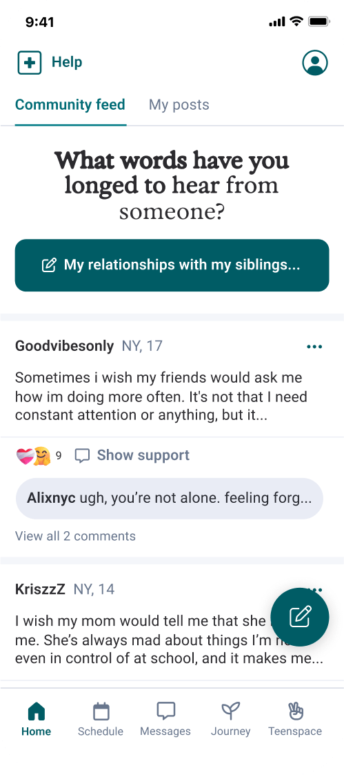 Smartphone screen showing a community feed with posts about longed-for words, featuring user comments and icons for help, profile, and navigation tabs.