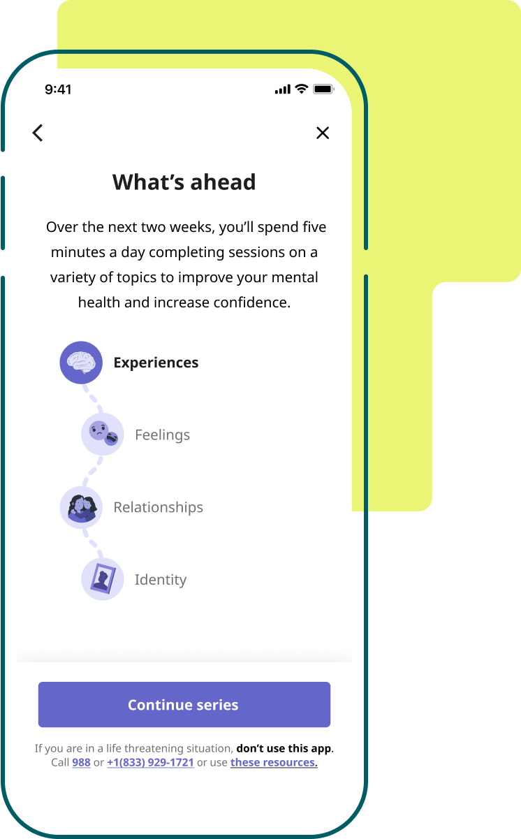 Mobile app screen titled 'What’s ahead' showing a two-week plan for daily five-minute sessions on mental health topics including feelings, relationships, and identity, with a button to continue series and crisis helpline information.