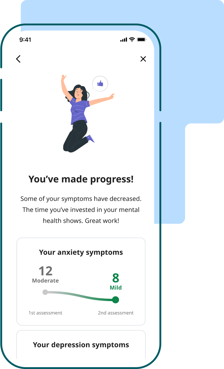 Mobile app screen showing a woman jumping with joy and a thumbs-up icon, stating 'You've made progress!' with decreased anxiety symptoms from moderate 12 to mild 8 between first and second assessments.