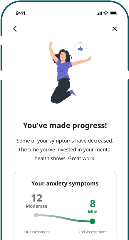 Mobile screen showing a mental health progress update with a woman jumping joyfully and improved anxiety symptoms from moderate 12 to mild 8 between assessments.